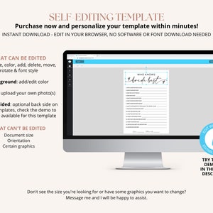 May include: A computer screen displaying a printable "Who Knows the Bride Best?" game template. The template is customisable with text, colours, and photos. The text on the screen reads "Who Knows Bride Best?" and includes a list of questions about the bride.