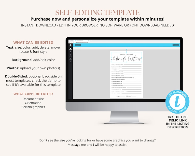 May include: A computer screen displaying a printable "Who Knows the Bride Best?" game template. The template is customisable with text, colours, and photos. The text on the screen reads "Who Knows Bride Best?" and includes a list of questions about the bride.