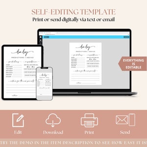 May include: A digital template for a baby shower game. The template is shown on a laptop, tablet, and phone. The template is titled "Baby Predictions + Advice" and includes a list of questions for guests to answer about the baby. The text "Everything is Editable" is shown in a pink box on the right side of the image.