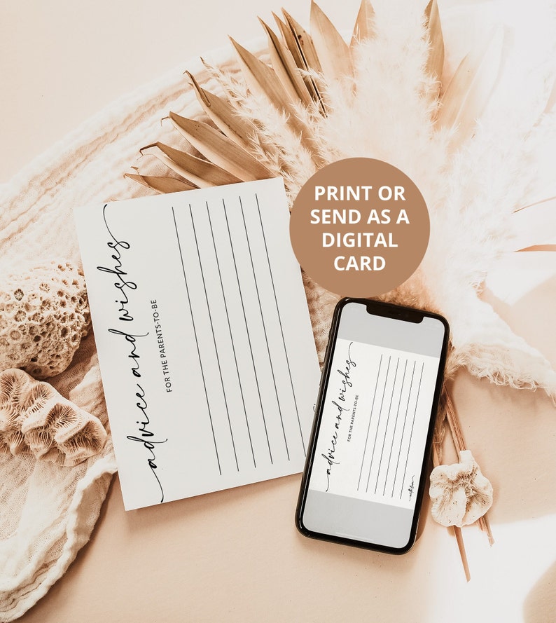 Puede incluir: Una tarjeta imprimible o digital con el texto "consejos y deseos" para los futuros padres. La tarjeta tiene l&iacute;neas para escribir mensajes.