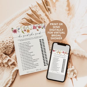 Puede incluir: Un juego de despedida de soltera imprimible con un dise&ntilde;o floral. El juego se llama "&Eacute;l dijo, ella dijo" y pide a los invitados que adivinen qui&eacute;n dijo ciertas cosas primero, la novia o el novio. El juego est&aacute; dise&ntilde;ado para ser enviado digitalmente o impreso.