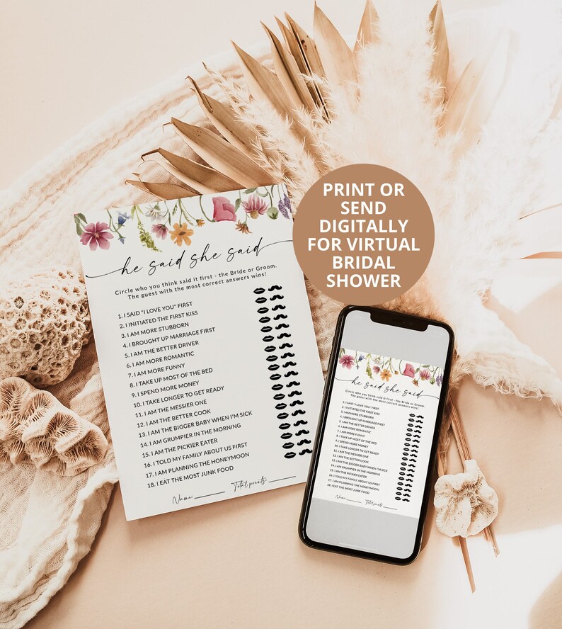 Puede incluir: Un juego de despedida de soltera imprimible con un dise&ntilde;o floral. El juego se llama "&Eacute;l dijo, ella dijo" y pide a los invitados que adivinen qui&eacute;n dijo ciertas cosas primero, la novia o el novio. El juego est&aacute; dise&ntilde;ado para ser enviado digitalmente o impreso.