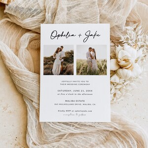May include: Wedding invitation with a white background and black text. The invitation features two photos of a couple in a field. The text reads "Ophelia + Jake" and includes the wedding date, time, and location.