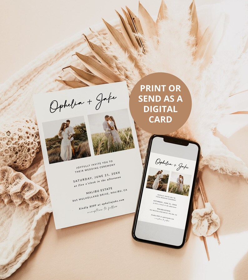 May include: A wedding invitation with a minimalist design featuring two photos of the couple in a field. The invitation includes the couple's names, "Ophelia + Jake", the date and time of the wedding, and the location. The invitation also includes a website address for RSVPs.