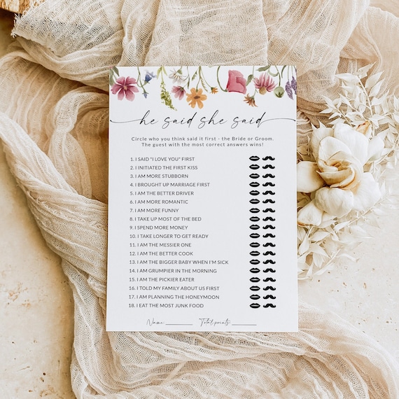 He Said She Said Wildflower Bridal Shower Game | Guess Who Said It | Bride or Groom Game | Wedding Shower Game | Editable Template | F1