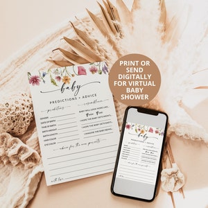 May include: Printable baby shower game card with floral border. The card has a list of predictions and advice for the new parents. The text on the card reads "baby predictions + advice".