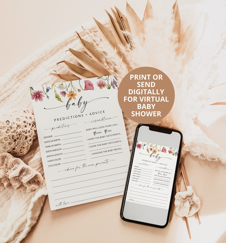 May include: Printable baby shower game card with floral border. The card has a list of predictions and advice for the new parents. The text on the card reads "baby predictions + advice".