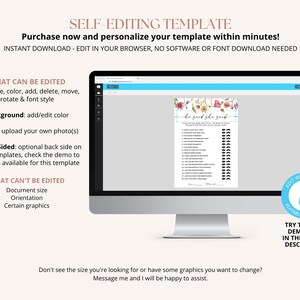 Puede incluir: Una pantalla de computadora que muestra una plantilla de juego de despedida de soltera imprimible "&Eacute;l dijo, ella dijo" con un dise&ntilde;o floral. La plantilla es personalizable y se puede editar en un navegador web. El texto en la pantalla dice "&Eacute;l dijo, ella dijo".