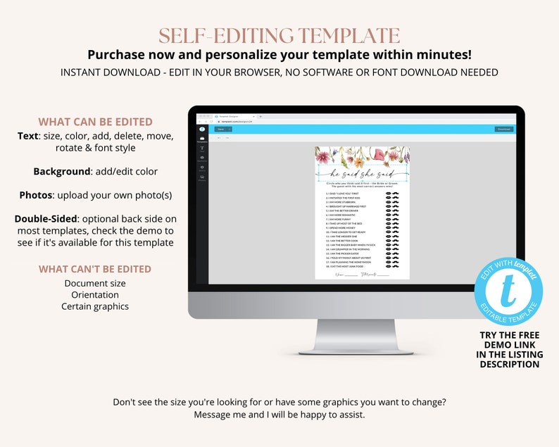Puede incluir: Una pantalla de computadora que muestra una plantilla de juego de despedida de soltera imprimible "&Eacute;l dijo, ella dijo" con un dise&ntilde;o floral. La plantilla es personalizable y se puede editar en un navegador web. El texto en la pantalla dice "&Eacute;l dijo, ella dijo".