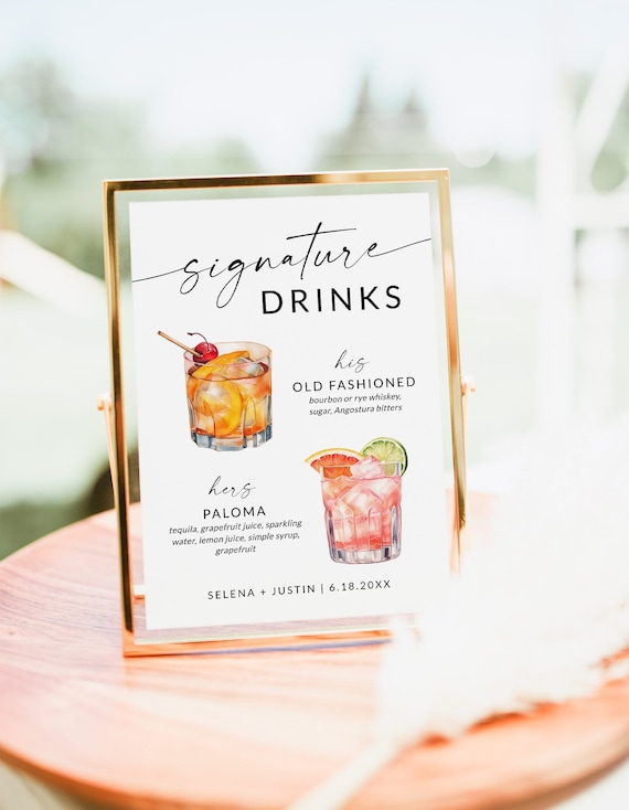 Signature Drinks Sign, Signature Drink Menu, Wedding Bar Sign, Wedding Drink Menu, Signature Cocktail Sign, Bar Menu, Editable Template, S2