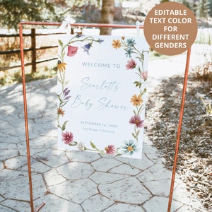 Pu&ograve; includere: Un cartello rettangolare bianco appeso a una cornice in metallo color rame, caratterizzato da un bordo floreale ad acquerello con fiori blu, rosa, gialli e verdi. Il testo recita: Welcome to Scarlett's Baby Shower, September 16, 20XX, San Diego, California.