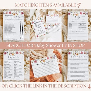 Pu&ograve; includere: Una collezione di carte da gioco e cartelli in carta bianca per baby shower con illustrazioni floreali colorate. Il set include Who Said It, Parenting Tip Jar, Baby Predictions, Baby Trivia, Advice and Wishes e Baby Family Feud.