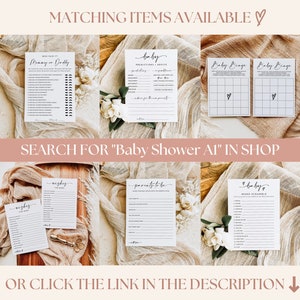 May include: A set of printable baby shower games with a neutral color scheme. The games include "Mommy or Daddy", "Baby Bingo", "Predictions & Advice", "Parents to be", "Wishes for the Baby", and "Baby Word Scramble".