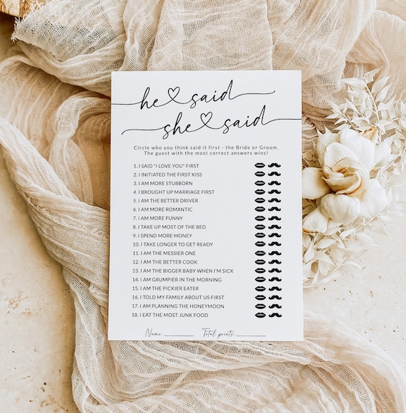 He Said She Said | Bridal Shower Games | Guess Who Said It | He Said She Said Game Card | Wedding Game | Editable Template | S1