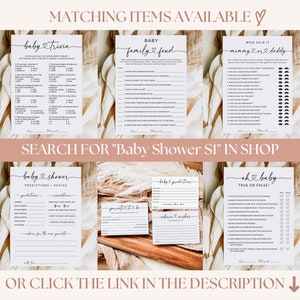 May include: A set of printable baby shower games with a rustic theme. The games include "Baby Trivia", "Family & Friends", "Who Said It: Mommy or Daddy", "Baby Shower Predictions & Advice", "Baby Predictions", and "Oh Baby True or False?"