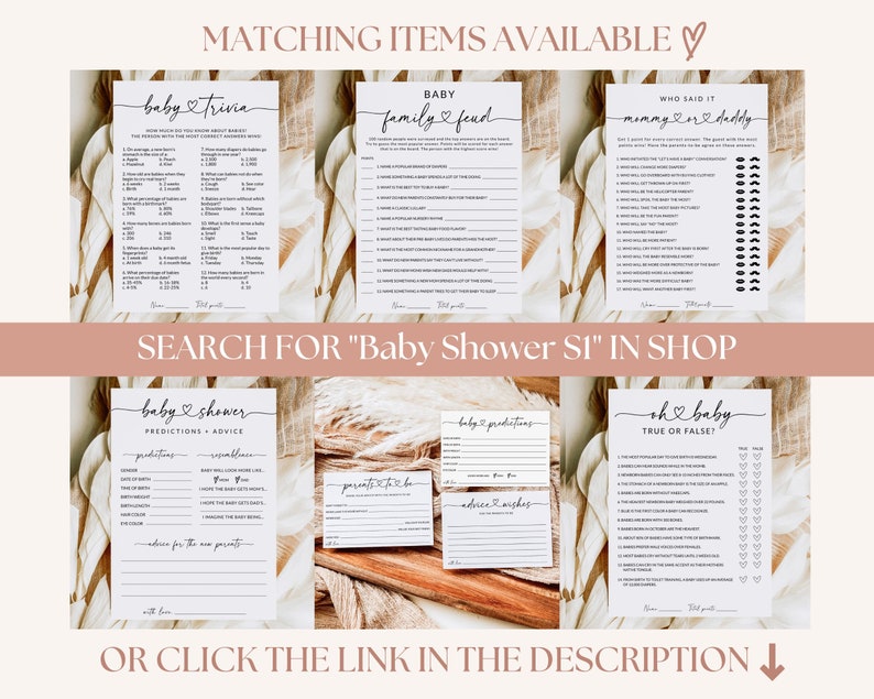 May include: A set of printable baby shower games with a rustic theme. The games include "Baby Trivia", "Family & Friends", "Who Said It: Mommy or Daddy", "Baby Shower Predictions & Advice", "Baby Predictions", and "Oh Baby True or False?"
