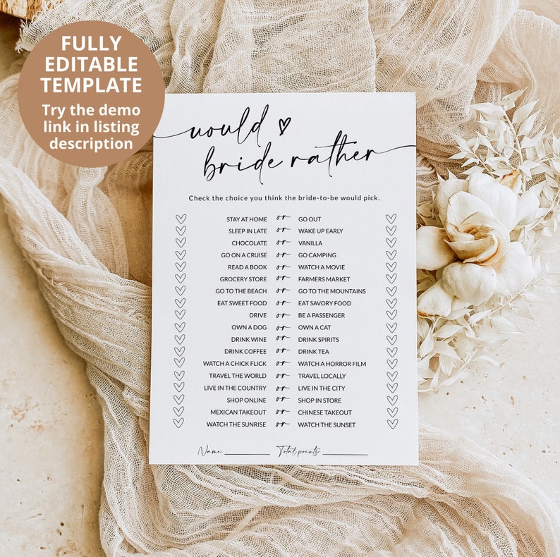 May include: A printable bridal shower game called "Would You Rather" with a list of 20 questions for guests to answer. The game is designed to help guests get to know the bride-to-be better.