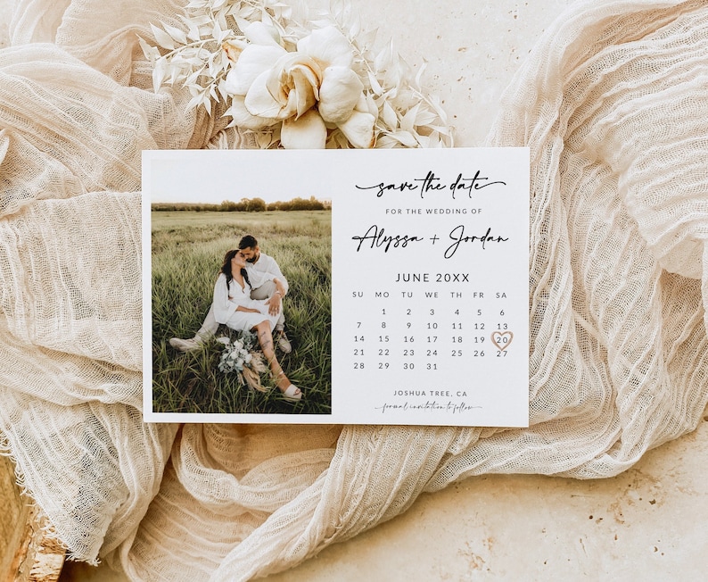 Minimalist Save The Date Calendar Template with Photo Boho Save The Date Digital Download Modern Save The Date Template Editable A1 image 1