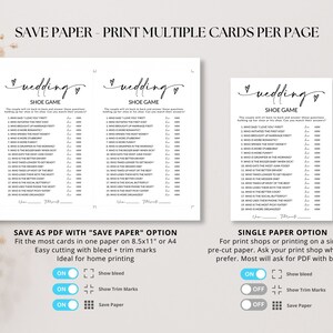 May include: Two printable wedding shoe game cards with a black and white design. The cards feature the text "wedding shoe game" and a list of 20 questions for the couple to answer. The cards have instructions for saving as a PDF with "save paper" option or a single paper option. The instructions include options for showing bleed, trim marks, and saving paper.