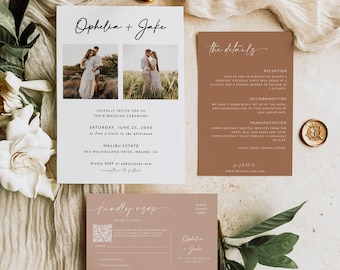 Wedding Invitation Template Suite with QR Code Rsvp and Details Card | Terracotta Wedding Invitation Template | Rustic Wedding | A1