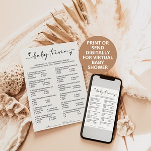Puede incluir: Un juego de trivia para beb&eacute;s imprimible con 12 preguntas sobre beb&eacute;s. El juego est&aacute; dise&ntilde;ado para una baby shower virtual. El texto del juego dice "Imprime o env&iacute;a digitalmente para una baby shower virtual".