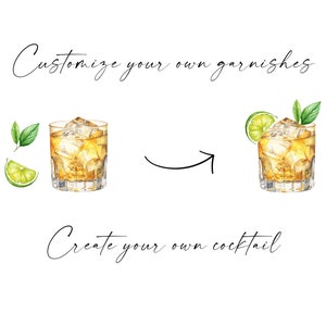 May include: Customize your own garnishes. A watercolor illustration of two cocktails, one with a lime wedge and a sprig of mint, and the other with a lime wedge and a sprig of mint.  Create your own cocktail.