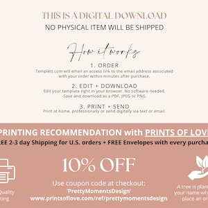 Puede incluir: Un gr&aacute;fico rosa y blanco con el texto "THIS IS A DIGITAL DOWNLOAD NO PHYSICAL ITEM WILL BE SHIPPED" y "How it works". El gr&aacute;fico tambi&eacute;n incluye instrucciones para pedir, editar, descargar, imprimir y enviar una descarga digital. El gr&aacute;fico tambi&eacute;n incluye un c&oacute;digo de descuento del 10% e informaci&oacute;n sobre la plantaci&oacute;n de un &aacute;rbol por cada pedido.