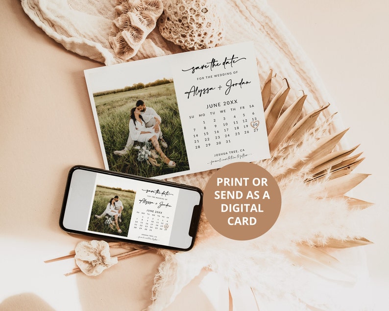 Minimalist Save The Date Calendar Template with Photo Boho Save The Date Digital Download Modern Save The Date Template Editable A1 image 2