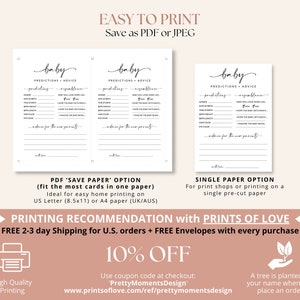 May include: Printable baby shower game cards with the text "Baby Predictions + Advice". The cards are designed in a minimalist style with black text on a white background. The cards are available in two formats: "Save Paper" and "Single Paper".