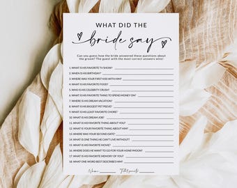 What Did The Bride Say Game Printable, Bridal Shower Game Funny Quiz About the Groom, Wedding Shower Game, Instant Download, Editable, A1