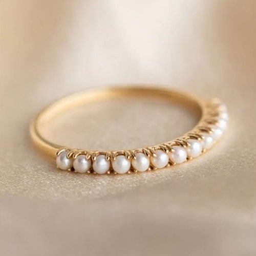 14k Gold Dainty Pearl Ring Pearl Stacking Band Ring Pearl Etsy