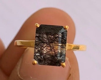 14k solid Gold Black Rutile Quartz Solitaire Ring-Emerald Cut Black Rutilated Quartz Ring-Black Rutile Vintage Ring Dainty Ring For Her