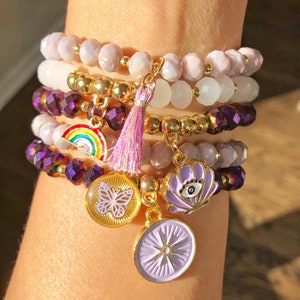 Boho Pärlarmband Stack, Lila Opaline Berlocker, Set om 5