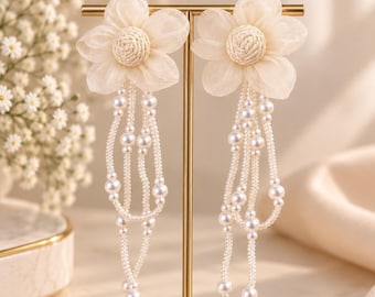 Flower Beaded Tassel Long Earring | Elegant Drop Jewelry | Ivory Floral Statement Jewelry for Woman.