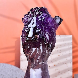 Hand Carved Brazilian Amethyst Scepter Lion Sculpture, Purple Quartz Lion Masterpiece, Unique Gemstone Animal Carving