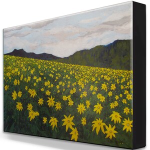 May include: A painting of a field of yellow wildflowers in front of a mountain range. The sky is cloudy and blue.