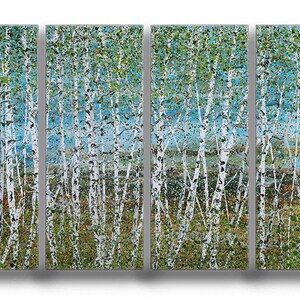May include: A four-panel artwork depicting a birch tree forest. The trees have white trunks with black markings and green foliage. The background features a blue sky and a brown and green landscape.