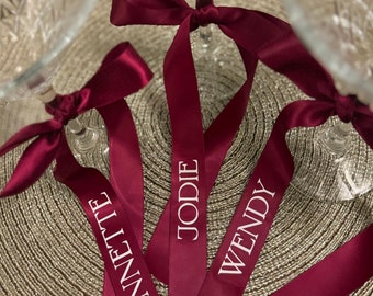 Personalized Ribbon to tie around glasses, Personalised Satin Ribbon Bow Name Place Setting. Perfect for weddings, hen do or dinner parties