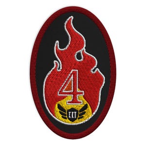 May include: An oval embroidered patch with a black background and a dark red border. The centre features a red flame graphic containing a large white number 4. Below the number is a yellow circular emblem with black wings and a shield with Roman numeral III.