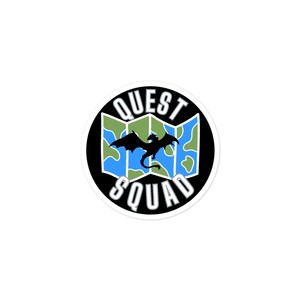 May include: A black and white sticker with a green and blue map design. The map has a black dragon flying over it. The text "QUEST SQUAD" is written in white around the map.