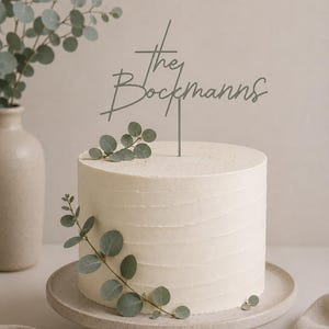 May include: A cake topper featuring the text The Bockmanns in a dark grey script font. The topper is inserted into a round, off-white frosted cake decorated with small green eucalyptus sprigs on the top and side of the cake surface.