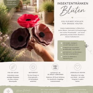 Könnte beinhalten: Drei blütenförmige Insektentränken in Rot, Dunkellila und Altrosa, jeweils mit schwarzer Mitte und dünnem Stiel. Das Bild enthält Text wie INSEKTENTRÄNKEN Blüten und beschreibt Merkmale wie Wetterfestigkeit und die Fertigung im 3D-Druckverfahren.