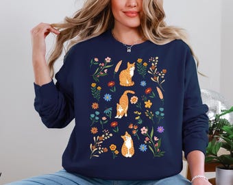 Sweat floral chat, pull chat unisexe Cottagecore, cadeau pour amoureux des chats, pull floral kitty, sweat floral chat, pull chat, chemise chat