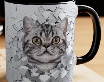 Funny Cat Breakout Mug, Cute Cat Mug, Cat Breaking Through Wall, Clumsy Kitten, Coffee Cup, Dual Tone Mug, Novelty Coffee Mug