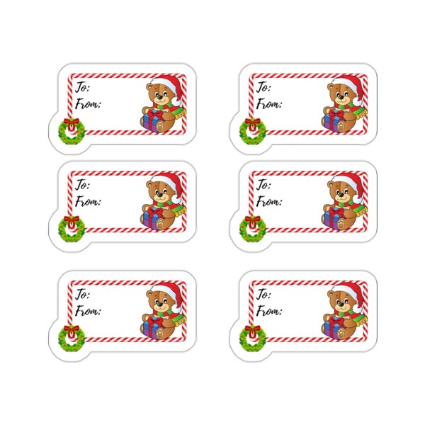 Christmas Teddy Bear With Christmas Presents And Wreath Gift Label Die-Cut Stickers 6 Pack