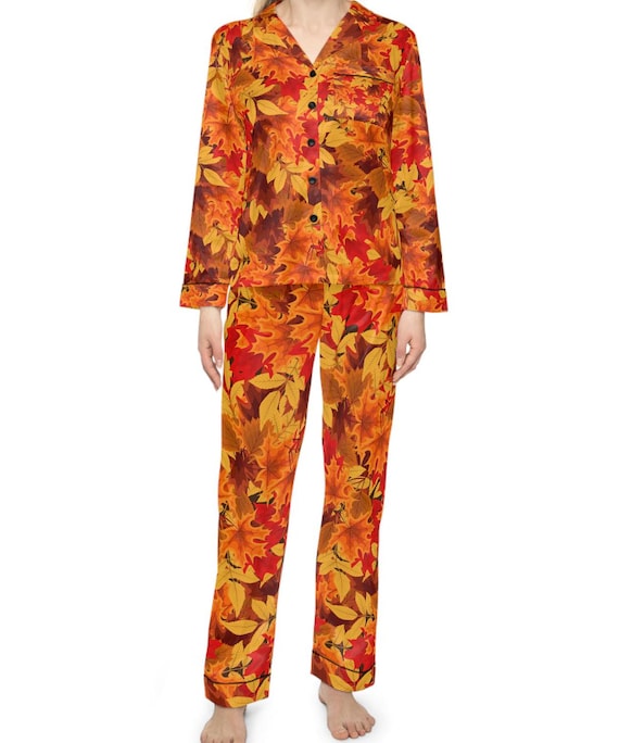 Autumn Leaves All Over Print Women s Satin Pajamas Fall Sleepwear Etsy UK