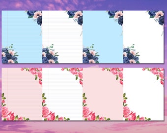 beautiful paper for writing Blue And Pink Watercolor Roses Cornered Lined And Blanked Stationery