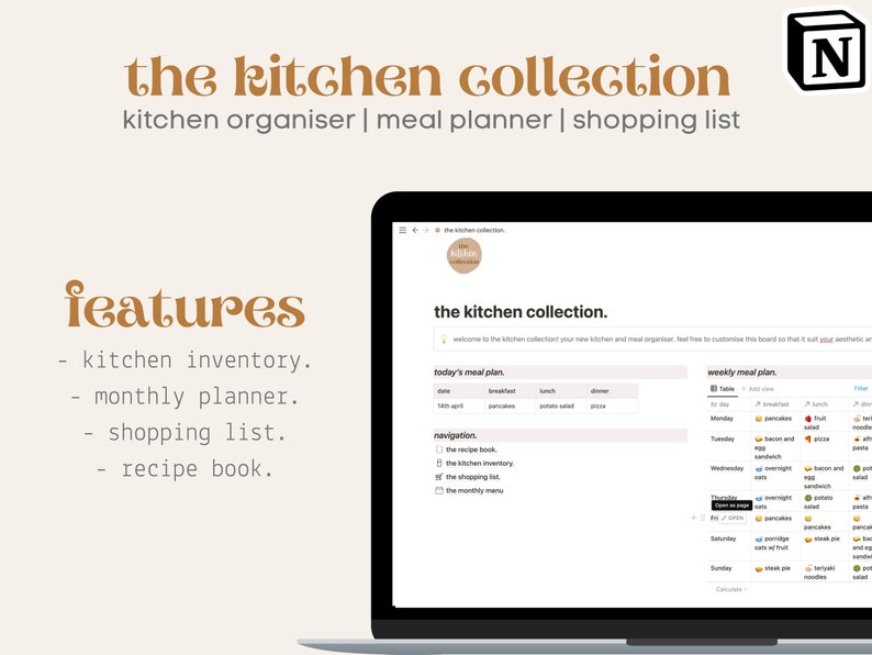 May include: A laptop computer screen displaying a website called "The Kitchen Collection". The website features a meal planner, shopping list, and recipe book. The text "features" is displayed on the left side of the screen, with a list of features including "kitchen inventory", "monthly planner", "shopping list", and "recipe book".