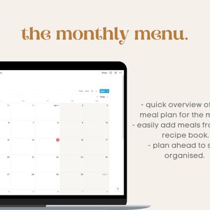 May include: A screenshot of a website showing a calendar interface for meal planning. The calendar is for the month of April and has a red dot on the 8th. The text on the website says "the monthly menu."  The text below the calendar says "quick overview of your meal plan for the month. easily add meals from your recipe book. plan ahead to stay organised."