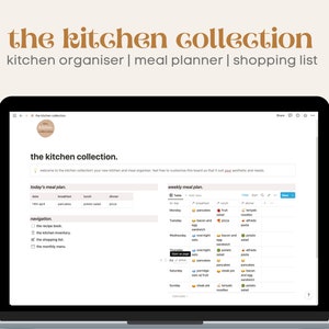May include: A screenshot of a website called "the kitchen collection" which is a kitchen organiser, meal planner, and shopping list. The website is open on a laptop computer. The website has a light grey background with a white navigation bar at the top. The website has a section called "today's meal plan" and a section called "weekly meal plan".